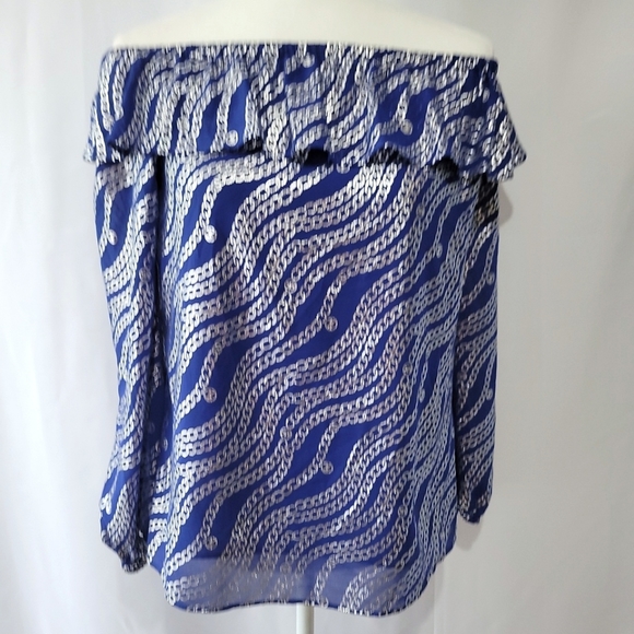 New Michael Kors Women's Blue Chain Print Off Shoulder Top Size Xsmall - Picture 12 of 15